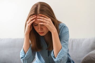 A woman sits, holding her head in her hands, clearly distressed by anxiety and emotional strain, feeling overwhelmed
