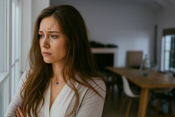 A woman stands by a window, looking worried and anxious, reflecting deep concern and mental stress in her expression