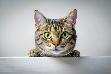 Curious tabby cat with bright green eyes peeking over a white surface