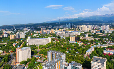 Naklejka premium View from a quadcopter to the Central part of the Kazakh city of Almaty on a summer evening