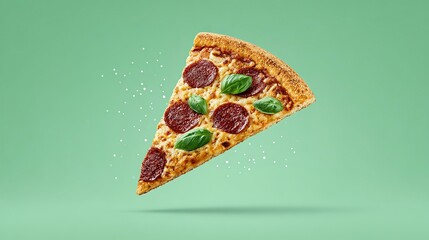 Fototapeta premium Close-up of a pepperoni pizza slice in mid-air.