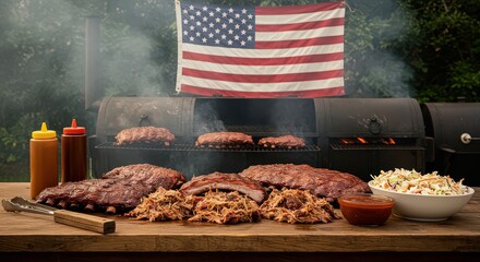 Barbecue ribs and pulled pork with american flag in the background for fourth of july celebration