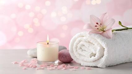 spa background with white towel, candle and flower on blurred pink. Advertising mockup for beauty salon