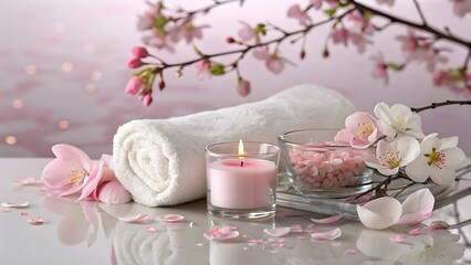 spa background with white towel, candle and flower on blurred pink. Advertising mockup for beauty salon