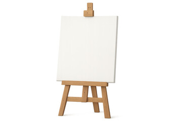 Small wooden easel holding a blank white canvas on a transparent background, perfect for showcasing artwork or designs