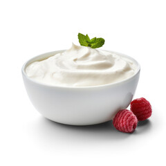 A bowl of yogurt with raspberries and mint leaves on a transparent background