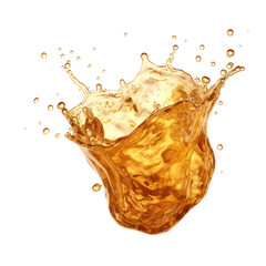 A splash of amber-colored liquid, possibly tea or coffee, with a crown of bubbles and a frothy texture against a transparent background
