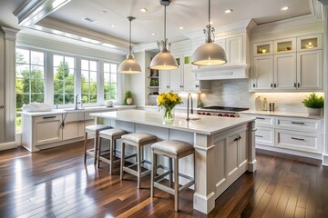Elegant white kitchen with large island and hardwood floors