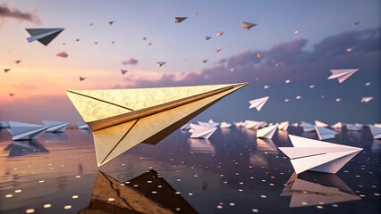 Golden paper airplane leads a fleet of white planes across a reflective surface at sunset