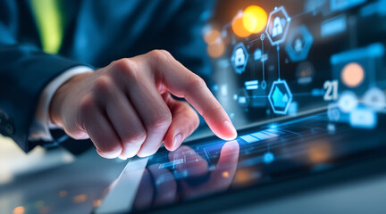Businessman using futuristic interface on digital tablet with data visualization