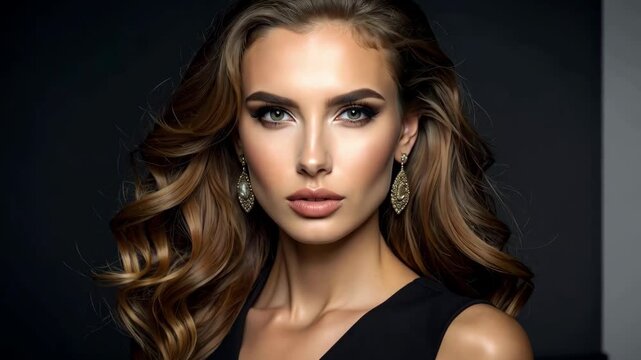 Close-up portrait of a beautiful woman with wavy hair, elegant jewelry, and smokey eye makeup against a dark background.