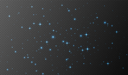 Blue sparkling stars, shiny particles light effect, transparent flying stardust texture, abstract twinkle Christmas decoration. Vector illustration.