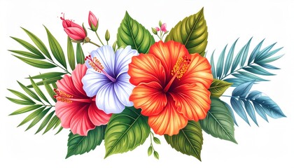 Vibrant Tropical Hibiscus Flowers with Lush Green Leaves and Delicate Buds in a Stunning Floral Arrangement