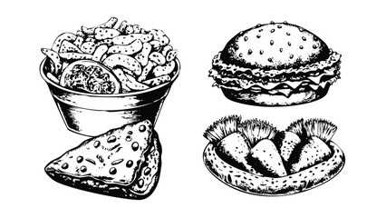 Street Food Vector Illustration Set in Vintage Engraving Style. Detailed Hand-Drawn Burger, Pizza, and Taco with Hatching Texture