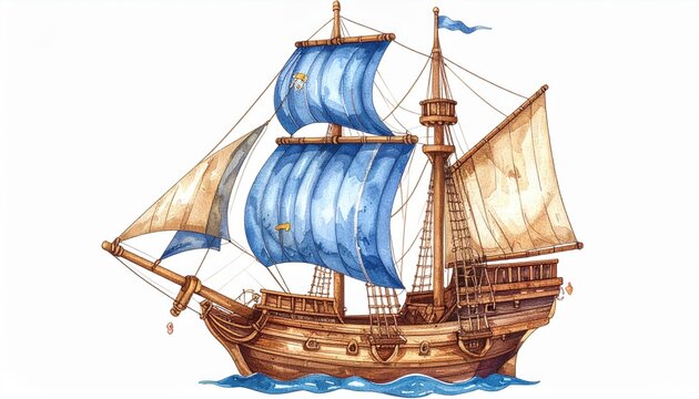 Detailed Illustration of a Traditional Sailing Ship with Blue Sails on Calm Water, Symbolizing Adventure and Exploration in Maritime History