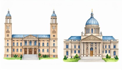 Naklejka premium Detailed Architectural Illustration of Two Historic Buildings with Domes and Towers Showcasing Classic Design Elements and Beautiful Facades