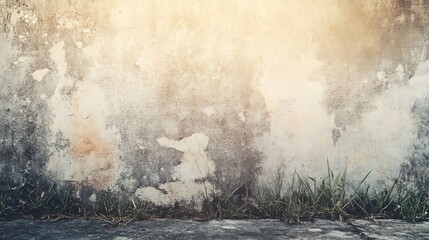 Weathered concrete wall with grass sprouting at base