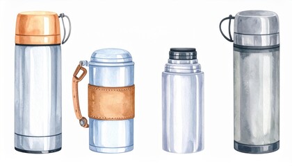 Collection of Various Stylish and Functional Thermoses in Different Sizes and Designs for Outdoor Adventures and Daily Use