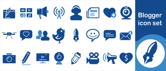 Blogger icon set, set, video, blogger, blogging, service, camera, vector, outline, network, icon, collection, like, blog, sign, social, media, popular, record and more
