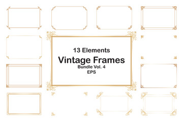 Bundle Elements of ornate vintage frames. Border gold on white classic swirls, floral motifs. Design print for greeting cards, wedding invitations, restaurant menu, royal certificates. Set 4