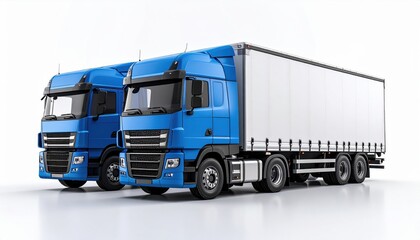 Two Large Blue Trucks with Trailer on a White Background for Commercial or Transportation Use in Logistics and Freight Industries