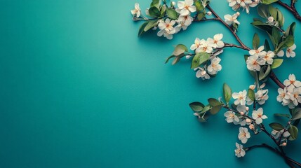 White blossoms on teal backdrop; spring blooms