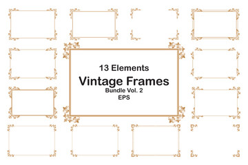 Bundle Elements of ornate vintage frames. Border gold on white classic swirls, floral motifs. Design print for greeting cards, wedding invitations, restaurant menu, royal certificates. Set 2