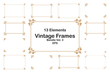 Bundle Elements of ornate vintage frames. Border gold on white classic swirls, floral motifs. Design print for greeting cards, wedding invitations, restaurant menu, royal certificates. Set 3