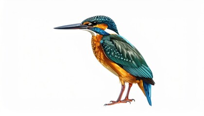 Fototapeta premium Vibrant Kingfisher Bird with Detailed Plumage Displayed on a White Background Emphasizing Color and Features of Avian Species