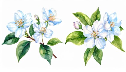 Fototapeta premium Delicate White Blossoms with Green Leaves Rendered in a Soft Watercolor Style for Nature and Floral Illustrations