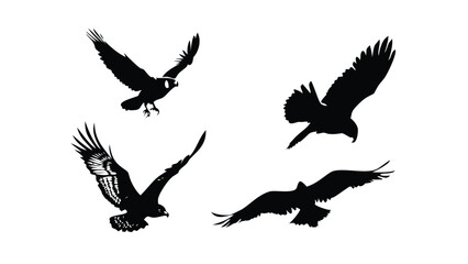 Birds of Prey Icon Pack in Stipple Ink Style. Black and White Vector Collection of Raptors. Classic Ornithology Illustration Set