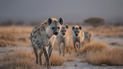 Hyena pack crosses dry terrain