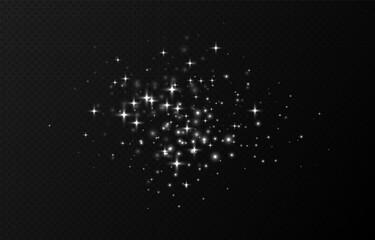White sparkling stars, shiny particles light effect, transparent flying stardust texture, abstract twinkle Christmas decoration. Vector illustration.
