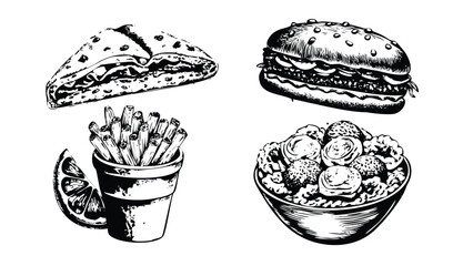 Street Food Vector Illustration Set in Vintage Engraving Style. Detailed Hand-Drawn Burger, Pizza, and Taco with Hatching Texture