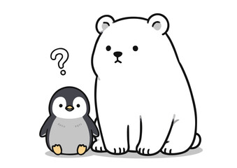 Fototapeta premium Adorable Cartoon Polar Bear and Penguin Illustration.