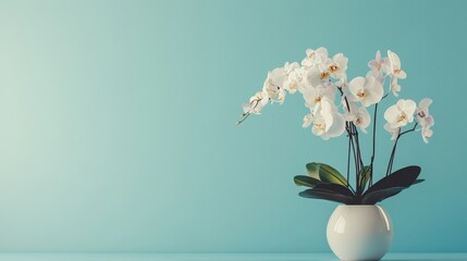 White orchids in a white pot against a blue background