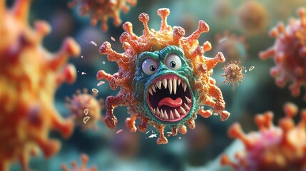 Cartoonish virus, angry expression, multiple viruses