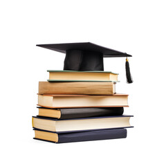 A graduation cap and books on a transparent background