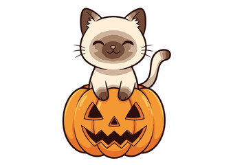 Adorable Cartoon Siamese Cat Sitting atop Carved Halloween Pumpkin.