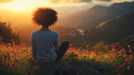 Woman meditates amidst sunset, mountains, and wildflowers