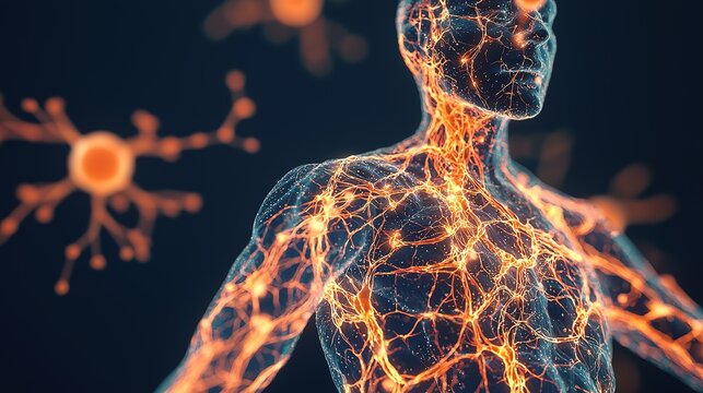 A digital illustration of the human nervous system highlighting neural connections and neuron activity.