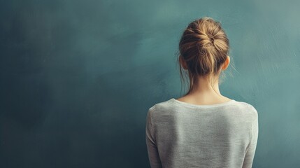 Woman's back, hair in bun, facing dark teal wall