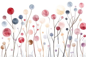 Colorful Watercolor Circles on Stems in Soft Pastel Shades Creating an Artistic Floral Pattern