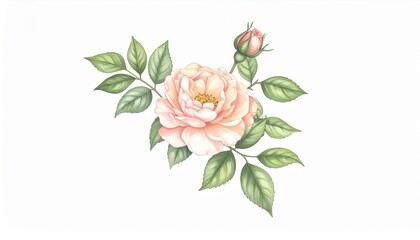Naklejka premium Beautiful hand-drawn rose flower and bud with green leaves on a white background, perfect for floral designs, invitations, and decoration