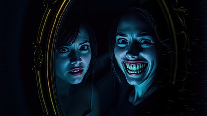 A woman looking in a mirror with a frightening reflection in a dark and eerie atmosphere