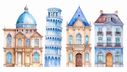 Fototapeta premium Colorful collection of whimsical architectural landmarks featuring unique designs and vibrant details including domes, towers, and decorative facades