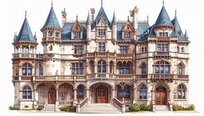 Magnificent Gothic Revival Mansion with Ornate Towers, Detailed Stonework, and Lush Surroundings, Captivating Architecture and Historical Charm