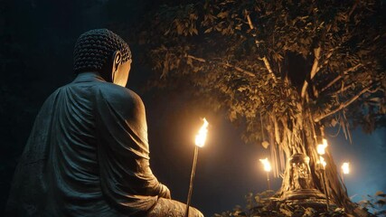 Photorealistic depiction of a serene Buddha under a tree, illuminated by soft light, evoking peace and introspection. Reflects themes of enlightenment and transformation.