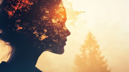Woman's profile silhouette merged with autumnal tree foliage, set against a sunlit, misty forest backdrop