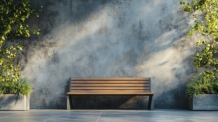 Wooden bench against textured wall, flanked by potted plants, bathed in sunlight